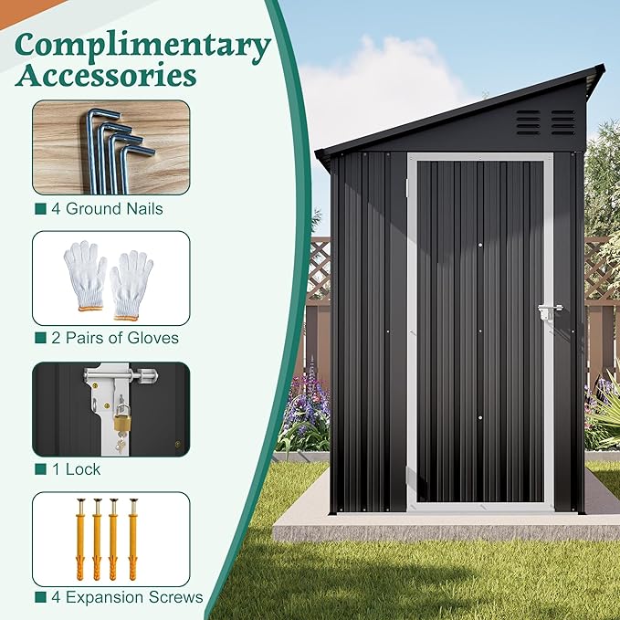 4×8 FT Lean to Metal Shed,Outdoor Heavy-Duty Storage Shed with Floor Base,All Weather Waterproof Garden Tool House W/Lockable Door&2 Air Vent,Reversible Door Design,for Backyard,Patio,Lawn,Black