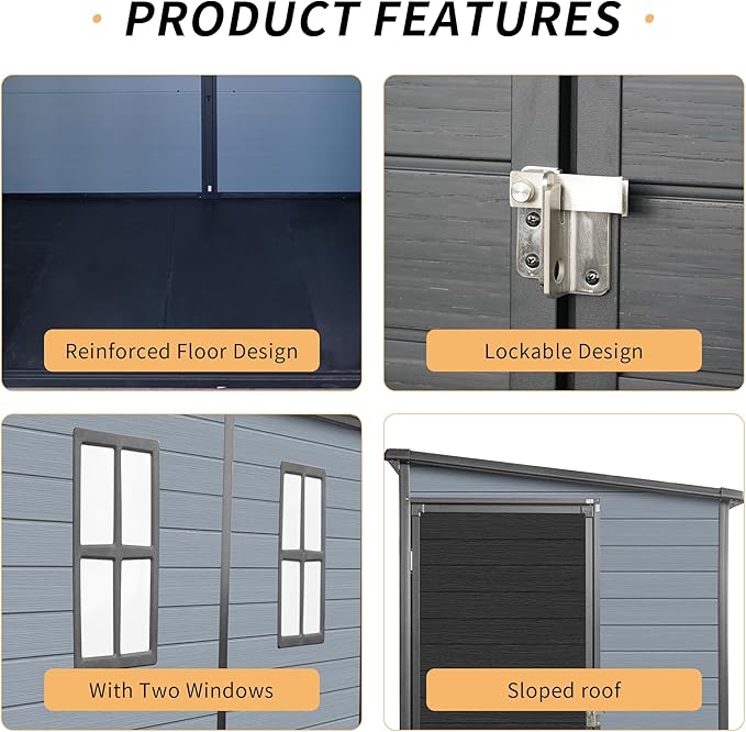 4x8FT Resin Outdoor Storage Shed with Floor and 2 Windows,Waterproof Plastic Sheds with Lockable Doors,Outside Garden Tools Sheds for Backyard Patio,Gay+Black