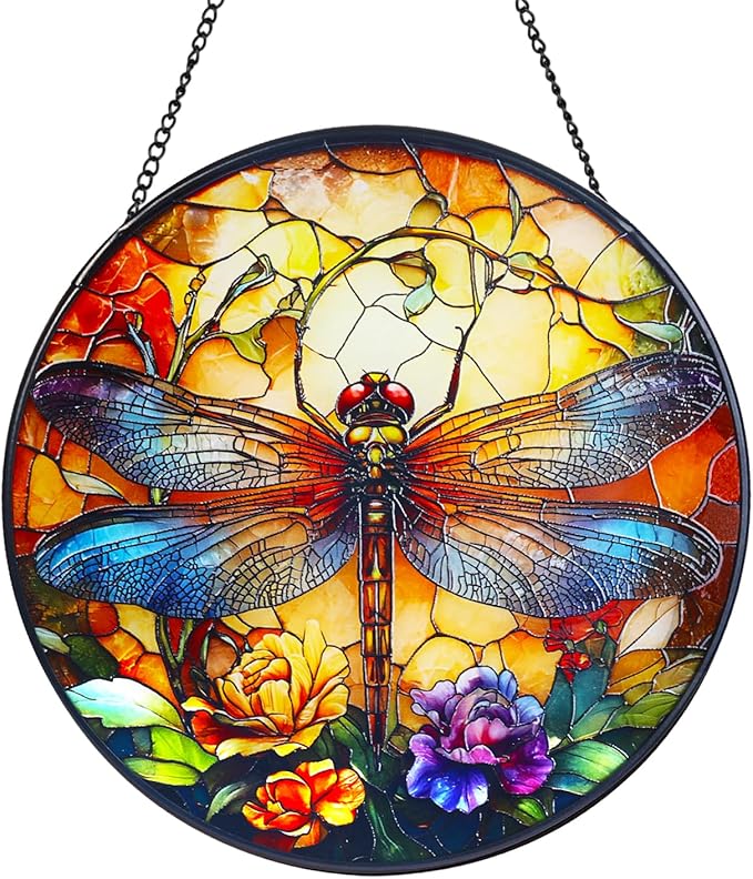 Wkyqes Dragonfly Handmade Stained Glass Window Hanging Suncatcher with Chain - 7.9" Outdoor/Indoor Art Decor for Home Garden, Wedding, Mother's, Valentine's & Christmas Ornaments Present