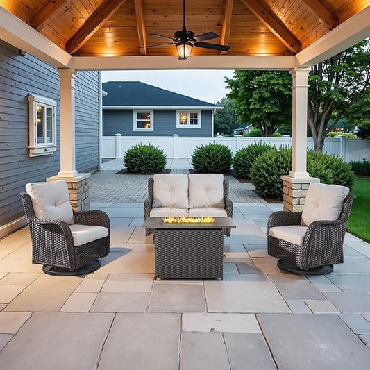 Belord 4 Piece Patio Furniture Set with Fire Pit Table - 41inch 50000 BTU Propane Fire Pit Table with High Back Loveseat Glider Chair and 2 Swivel Rocker Chair for Casual Gathering