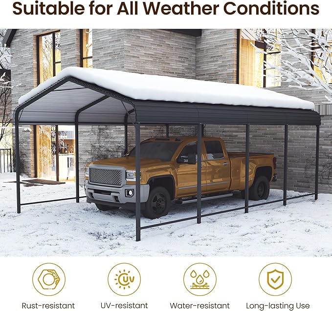 12' x 20' Carport, Heavy Duty Carport with Updated Roof & Enhanced Base, All Weather Steel Car Port, Multi-Use Car Port Garage, Metal Carports for Car, Truck, Boat, Tractors, Party, Grey