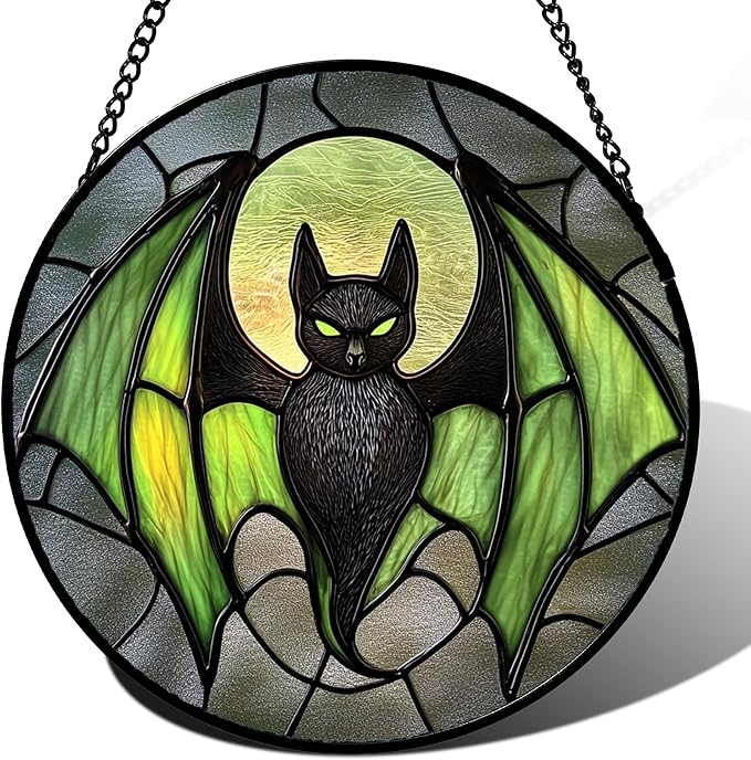 CRISGIF Stained Glass Window Hanging - Halloween Black Bat Green Wings Monster Suncatcher for Doors Garden Home Spooky Sun Catchers Gothic Decor Horror Gift for Women Men Friend Boy Girl 15 in