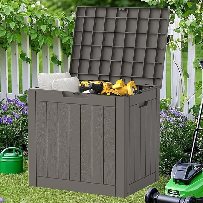 NUNU LAB 31 Gallon Outdoor Storage Box Waterproof, Outside Package Delivery Deck Boxes with Lockable Lid, Backyard Storage Bin For Garden Tools, Patio Cushions, Pool Accessories, Gray