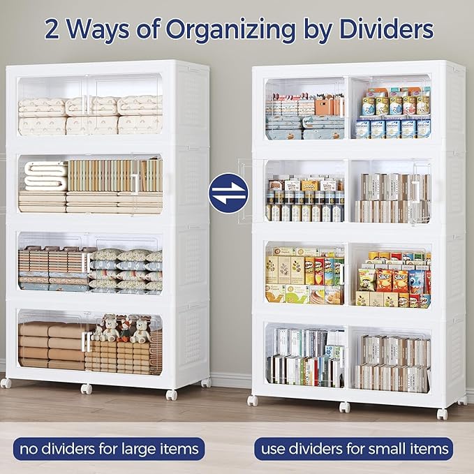 640 QT Extra Large Stackable Storage Bins with Lid, 160 Gal Collapsible Storage Box with Wheels, Folding Closet Organizers and Storage Cabinet with Doors for Home, Kitchen, Office, 4Pack White