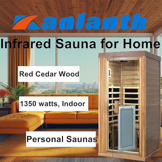 Red Cedar Sauna 1 Person Low EMF Far Infrared Saunas for Home, 1350 watt Indoor Personal Sauna Room with Door Heating Panels, Clothing Hanging Rod, Blue-Tooth Speakers, LED Reading Lamp