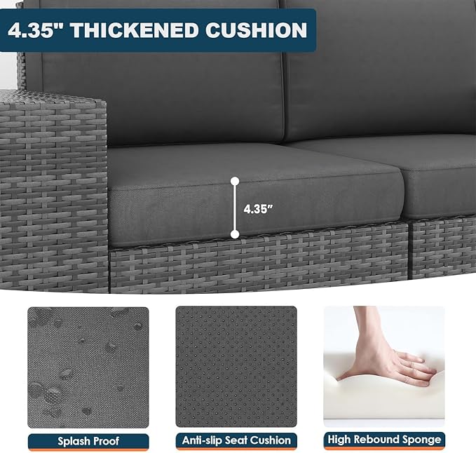 13 Piece Patio Furniture Set with Fire Pit Table, Outdoor Conversation Sets Grey Wicker Rattan Sectional Sofa, 4'' Thickened Cushion Dark Grey (Include Waterproof Cover)