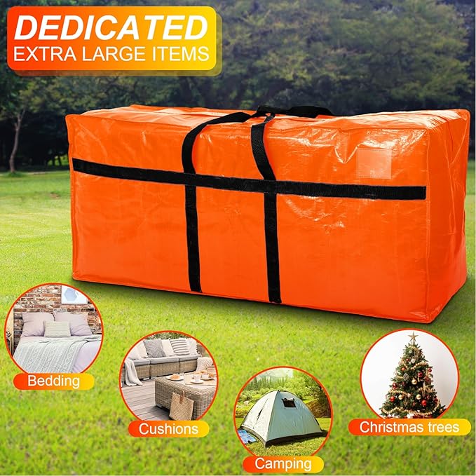 Windyun 4 Pack 69 Gallon Extra Large Storage Bags XXL Moving Bags with Zipper Handles Heavy Duty Jumbo Big Tote Box for Christmas Tree Storage 4, 5, 7.5, 9, 10, 12 ft Skeleton College Dorm(Orange)