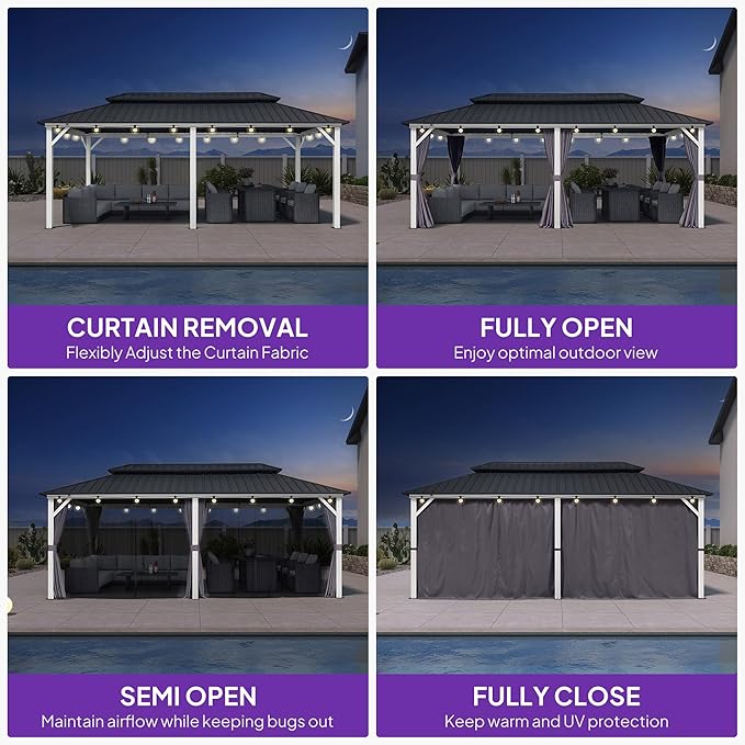 PURPLE LEAF 10' X 20' Outdoor Gazebo Galvanized Steel Double Roof White Aluminum Frame Hardtop Heavy Duty Gazebo with Curtain and Netting for Patio Garden and Backyard, Grey