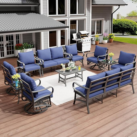 11 Piece Patio Furniture Set, 4 Single Swivel Chairs, Rope Braided Exposed with Thick Cushions, Outdoor All Weather Patio Conversation Sectional Sofa Set for Garden, Porch, Lawn, Blue
