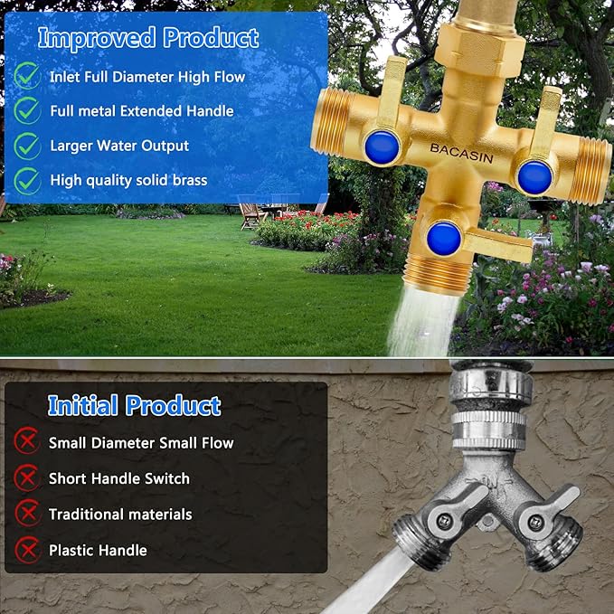 Brass Garden Hose Splitter, 3 Way Hose Splitter, Outdoor Hose Splitter, GHT 3/4 In, Female Inlet And 3 Way 3/4 In (Increase Flow Style) (copper)