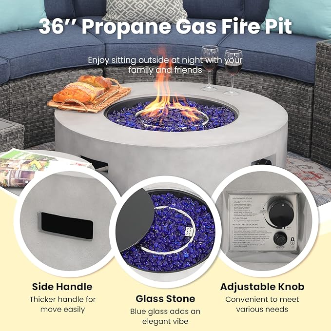 SUNSITT Outdoor 36’’ Propane Fire Pit with Tank Table 50,000 BTU Round Patio Propane Firepit Table with Tank Holder, Pit Cover, Metal Lid & Fire Glass, Grey Finish