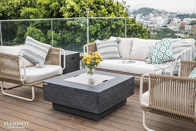 Elementi Manhattan Gas Fire Pit Bundle Concrete Fire Table, Outdoor Fire Pit Electronic Ignition | Canvas Cover, Lava Rock Included | Free AMS Wind Guard | Dark Gray (Propane Gas)