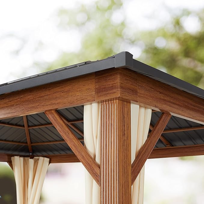 TOOLPORT Hardtop Gazebo 13x13 ft - Wood-Effect Finish - Steel Roof - 4 Side Panels in Champagne