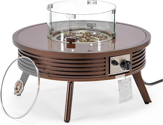 LeisureMod Walbrooke Modern Outdoor Round Fire Pit Table with Powder-Coated Aluminum Frame and Slats Design for Patio and Backyard Garden, Brown