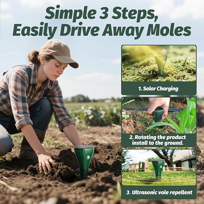 Mole Repeller for Lawns，8 Packs Solar Powered Vole Repellent Ultrasonic Pest Control Stake, Waterproof Sonic Pulse Deterrent for Gopher Vole Snake in Lawn, Garden & Yard