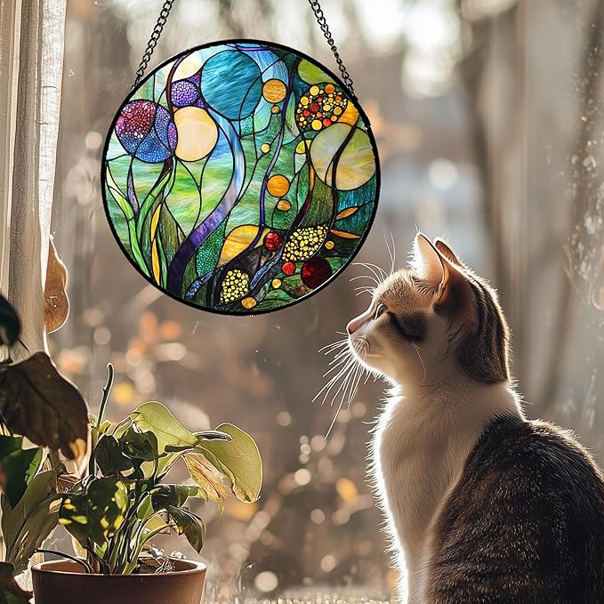 QZQCBLC Stained Glass Window Hanging Blue Ocean Water Plants Flower Large 15" - Suncatcher Door Garden Sun Catcher Home Decor Birthday Christmas for Mom Men Woman Nana Friend