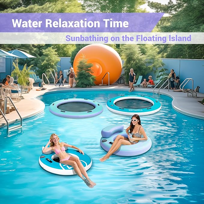 UPWELL Round Inflatable Pool Float Hammock with Backrest - Heavy Duty Mesh Mat for Adults, Tanning, Lakes and Rivers