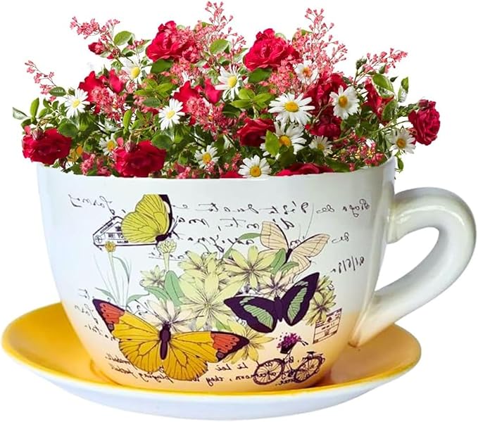 7.5" Round Ceramic Teacup Shape Planter Pot with Saucer for Succulents Orchids Herbs Cactus Indoor Houseplants Flowers for Home Garden and Event Decor – Orange Poppy Floral