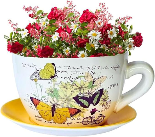 7.5" Round Ceramic Teacup Shape Planter Pot with Saucer for Succulents Orchids Herbs Cactus Indoor Houseplants Flowers for Home Garden and Event Decor – Orange Poppy Floral