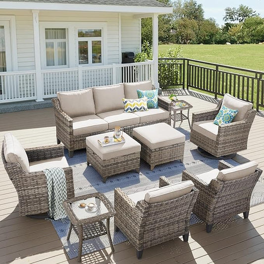 9 Piece Patio Furniture Set-All Weather Outdoor Conversation Sets Sectional Sofa with Wicker Swivel Rocker Patio Chairs, Comfy Cushions Ottomans for Porch Balcony Patio Grey/Beige