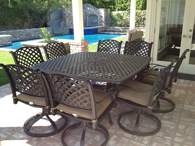 Nassau Outdoor Patio 9-pc Dining Set 64 X 64 Cast Aluminum (9-pc Set (with 8 Swivel Rocker), Wanut)