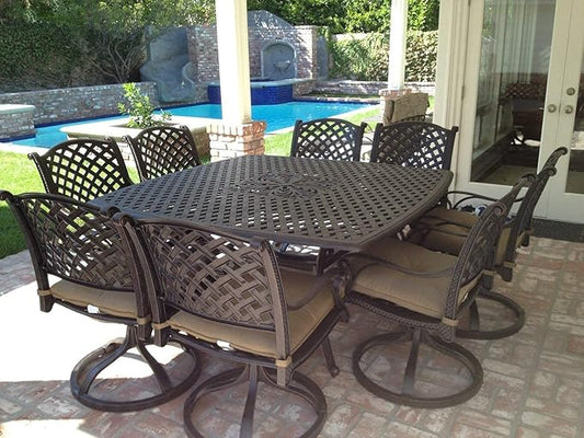Nassau Outdoor Patio 9-pc Dining Set 64 X 64 Cast Aluminum (9-pc Set (with 8 Swivel Rocker), Wanut)