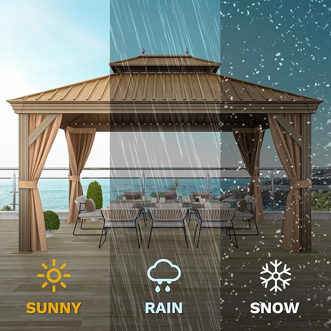 DWVO 12x14 ft Hardtop Gazebo Outdoor Heavy Duty Aluminum Gazebo with Nettings and Curtains, Combined of Horizontal and Vertical Stripes Roof for Patio, Backyard, Deck, Lawns and Balcony, Bronze
