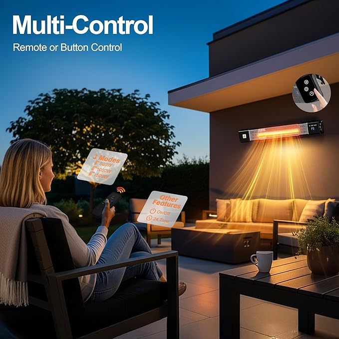 Outdoor Heater,1500W Patio Heater,Garage Heaters with Remote,3 Power Settings,24H Timer,Quiet Operation, Overheat & Waterproof Protection,Electric Wall Heaters for Indoor,Shop,Porch,Backyard,Basement