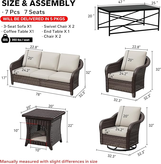 7 Pieces Patio Conversation Set, 78" Wicker 3-Seat Couch with Washable Cushions, 2 Glider Swivel Rocker Chairs, 2 Armchairs, Coffee Table, Rattan Cat Bed End Table, Sofa for Lawn (Beige)