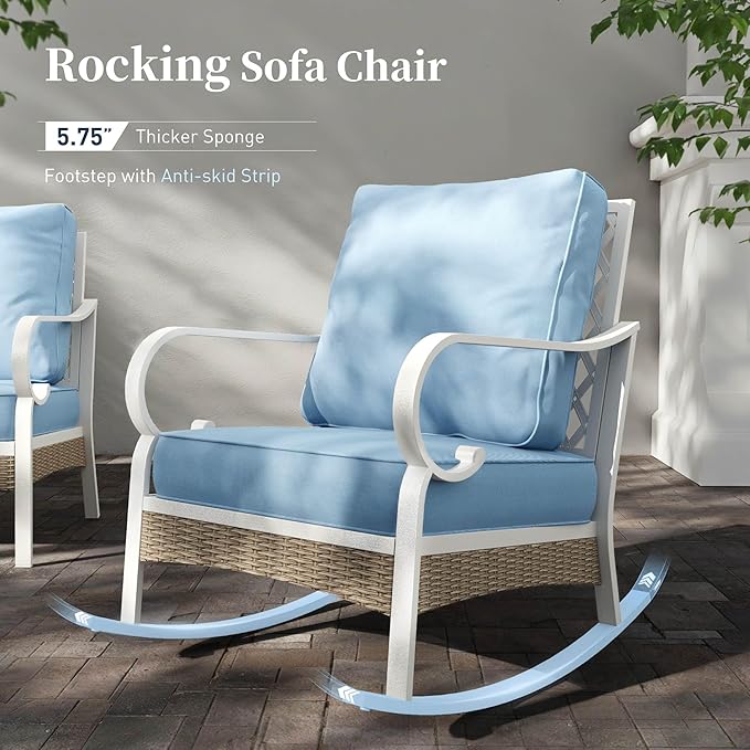 4 Piece Metal Outdoor Patio Furniture Sets, Patio Conversation Sets 1 2-seater Sofa, 2 Single Sofa with 5.75" Extra Thick Cushion and Coffee Table, White Frame Backyard Furniture, Blue