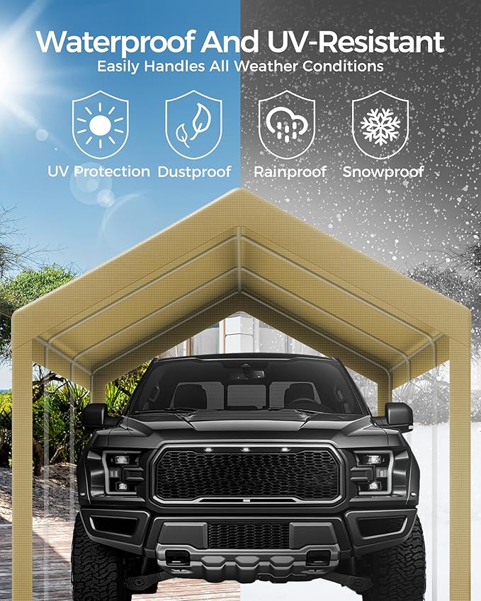 Heavy Duty Carport Replacement Canopy Cover, Durable Waterproof Garage Shelter Top, Car Tent for Outdoor Use, with Ball Bungees for Secure (Beige 12x20FT Cover ONLY)
