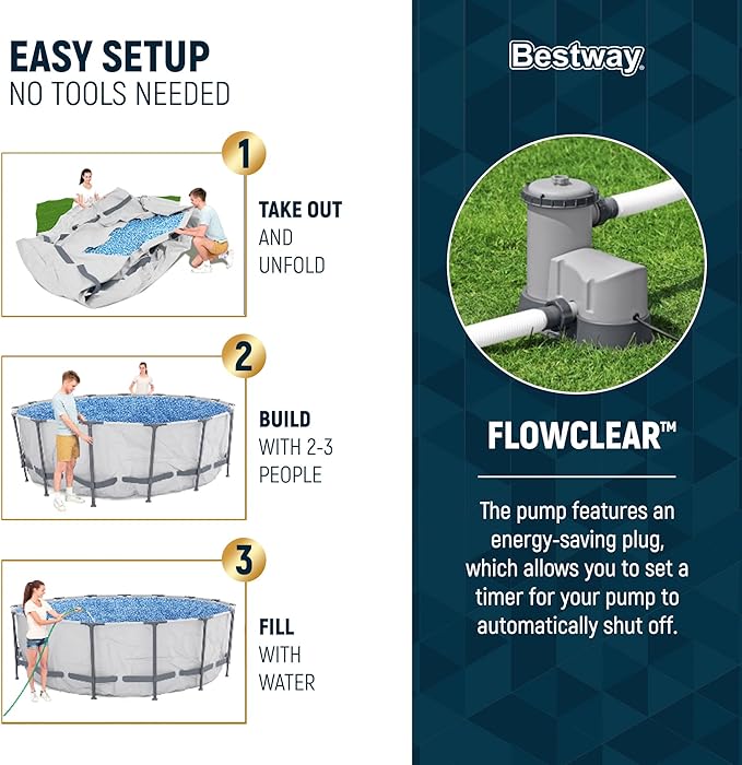 Bestway Steel Pro MAX 16 Foot x 48 Inch Round Metal Frame Above Ground Outdoor Swimming Pool Set with 1,000 Filter Pump, Ladder, and Cover
