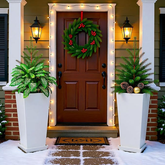 FENCY Set of 2 Tall Planters for Outdoor Plants, 24 Inch Large Tapered Pots with Drainage Trays, Weather-Resistant Plastic Plant Containers for Patio, Porch, Garden, Front Door Decor,White