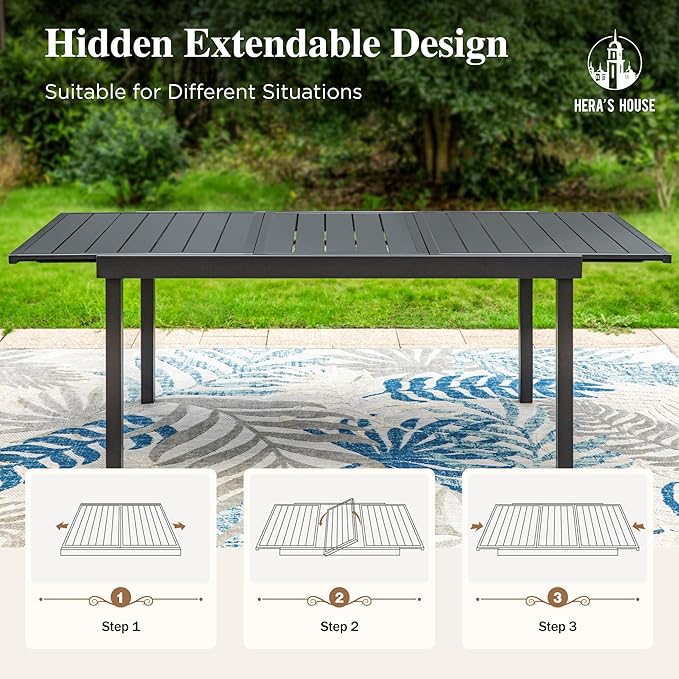 HERA'S HOUSE Expandable Patio Dining Table, Rectangular Black Metal Outdoor Deck Table for 8 Person