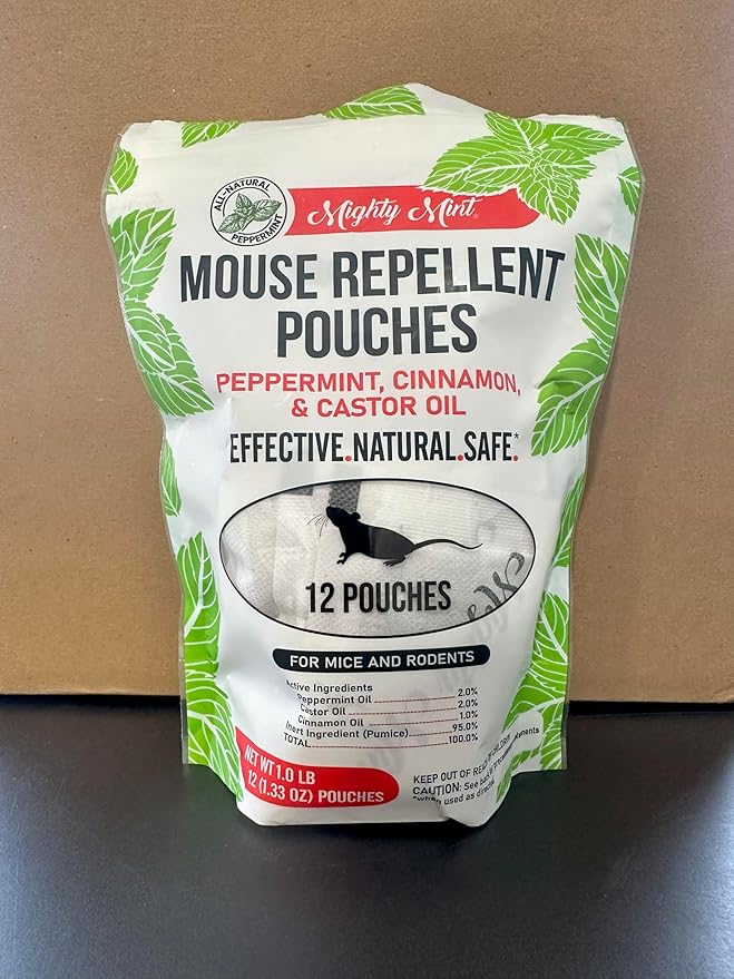 Mighty Mint Mouse Repellent Pouches – Peppermint, Castor Oil & Cinnamon Formula – Natural Indoor Deterrent for Mice and Rodents – Plant-Based, Long-Lasting Protection – 12 Count (Pack of 2)
