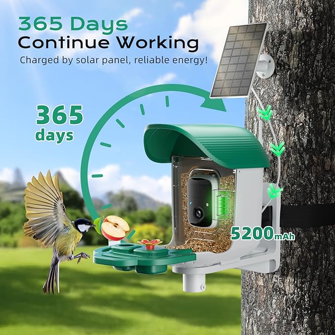 Bird Feeder with Camera, Solar Powered Outdoor Birdhouse, 2K HD AI Smart Identify Birds Species, Instant Motion Detection & Alerts, Capture BirdVideo, Gifts for Mom Dad and Bird-Lovers(Green)