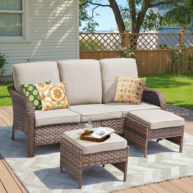 All Weather Wicker Patio Couch Set, Modern 3-Seater PE Wicker Outdoor Sofa Set with 2 Ottomans, All-Weather Thick Cushions & Curved Backrest for Patio, Balcony, Deck – Beige