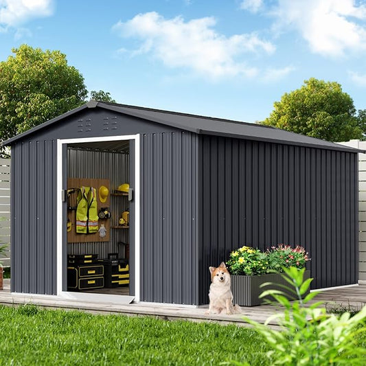 8X12 FT Metal Outdoor Storage Shed, Large Galvanized Steel Garden Tool Shed with Lockable Double Doors & Ventilation - Weatherproof Shelter for Bicycles, Lawn Mowers, Tools in Backyard