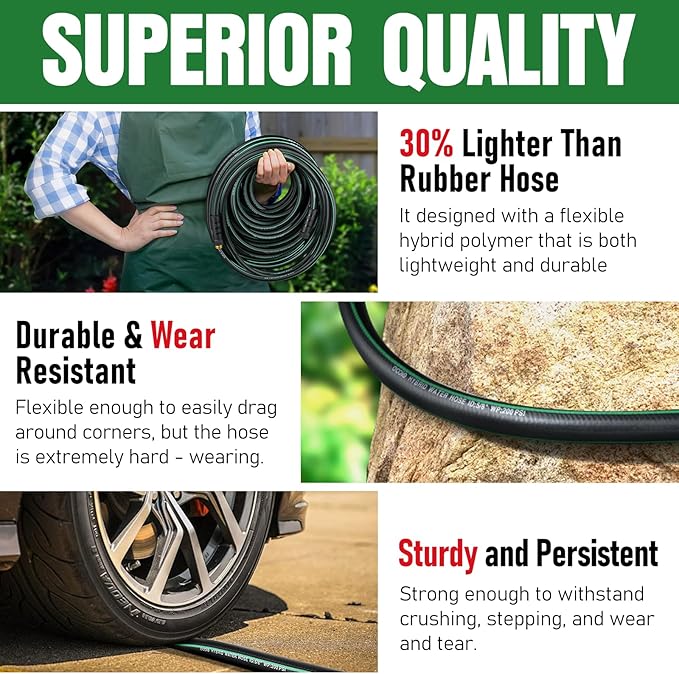 Garden Hose 50ft with 10 Function Nozzle, NON-EXPANDABLE Flexible Water Hose, Kink Resistant Lightweight Hybrid Hose, Leakproof Hose Male to Female Fittings