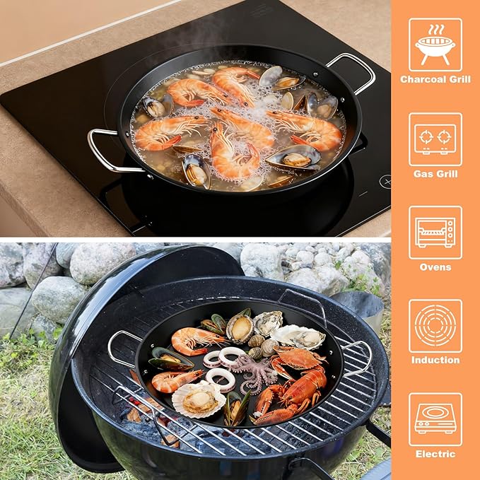 Ceramic Non-Stick Paella Pan with Handles, 18.5in Round Grill Griddle for TIKI Solo Stove Cuisinart Fire Pit Kamado Charcoal Grill Weber Kettle and More, Oven and Induction Safe PTFE Free PFOA Free