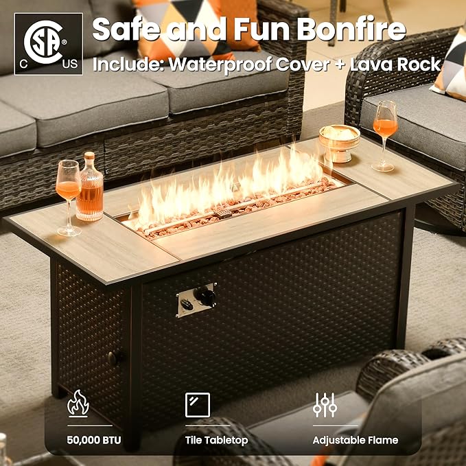 ovios 10 Pieces Patio Furniture Set, Outdoor Wicker Sofa Couch with Rocking Swivel Chairs Solar Lights Table Fire Pit, Modern Deep Seat Rattan Conversation Sets, Dark Grey