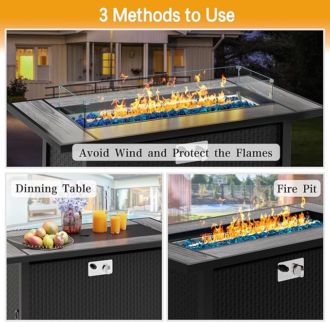 Meilocar 45in Fire Table, Propane Fire Pit with Glass Wind Guard and Rain Cover, Outdoor Firepit Table 50000 BTU 3-in-1 Fire Table for Patio/Yard/Balcony, Gray Tabletop