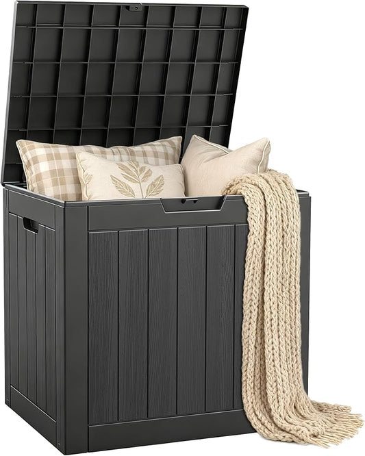 31 Gallon Deck Box, Small Outdoor Storage Box Waterproof, Outside Resin Storage Bin for Outdoor Patio Furniture Pillow, Pool Supply, Garden Tool, UV-Resistant and Weatherproof, Black