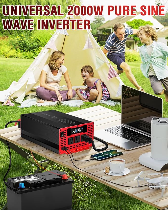 2000W Power Inverter Pure Sine Wave 12V DC to 110V 120V AC Converter, 4000W Peak Power Car Inverter with 3 AC Outlets,2 USB & Type-C,Remote Control LCD Display for Truck, RV, Vehicles, Solar Off-Grid