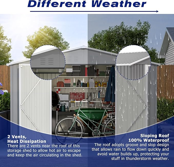 8x12 FT Outdoor Storage Shed W/Floor Frame,Metal Shed W/Double Lockable Doors,Garden Tool House W/ 2 Vents & Sloped Roof,for Backyard Patio Lawn,Gray
