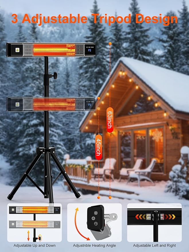 Uthfy Outdoor Electric Heater, 1500W Waterproof Patio Heater with Tripod Stand, Remote, 24 H Timer, Indoor Safety Wall Mounted Infrared Heater for Garage, Yard, Deck, Bedroom, Restaurant