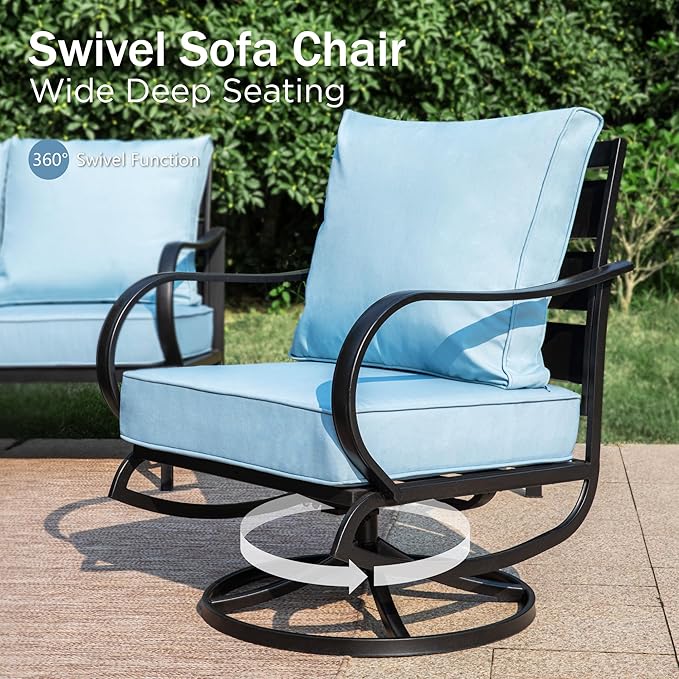 PHI VILLA 8 PCS Patio Furniture Set with Fire Pit Table,Metal Outdoor Furniture with 1 x 3-Seat Bench Sofa, 2 x Swivel Sofa Chairs, 2 x Leg Chair & 2 x Ottoman, Modern Patio Set, Light Blue