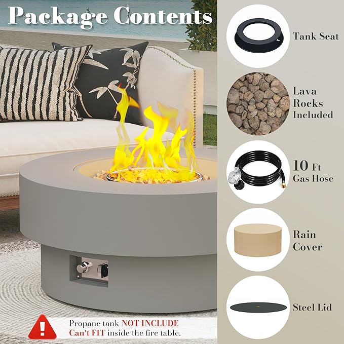 32.5 Inch Propane Fire Pit Table, 50,000 BTU Round Patio Fire Pit Table Outdoor, CSA Certified, Stainless Burner with Steel Lid, Waterproof Cover & Lava Rocks, for Backyard Garden, Gray