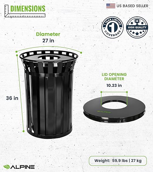 Alpine Industries 38 Gallon Commercial Outdoor Metal Trash Can, Open Top with Lid & Liner (Black)
