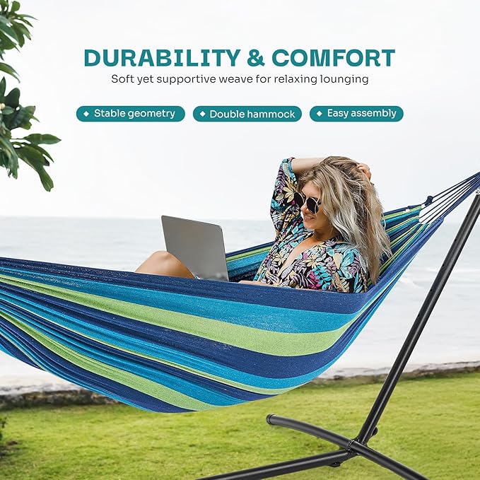 NEWBULIG Double Hammock with Stand, Heavy Duty Portable Hammocks for Outdoor Indoor Patio Camping, Space Saving Design & Carry Bag, Easy Assembly, 450lb Weight Capacity, Blue & Green
